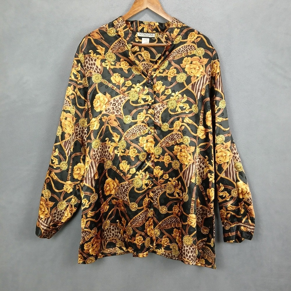 Notations Shirt Womens 2X Black Yellow Botanical Print Button Up Modern Western